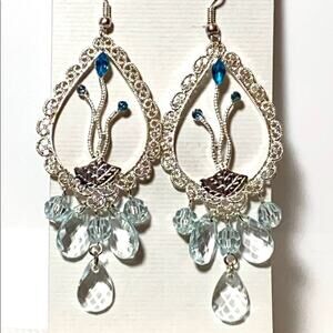 NEW Crystal CHANDELIER EARRINGS 3” Dangle Drop Delicate Silver Blue French Wire